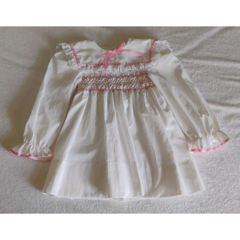 Vtg Polly Flinders Dress Girls White Polka Dot Pink Trim Smocked Collared 12m